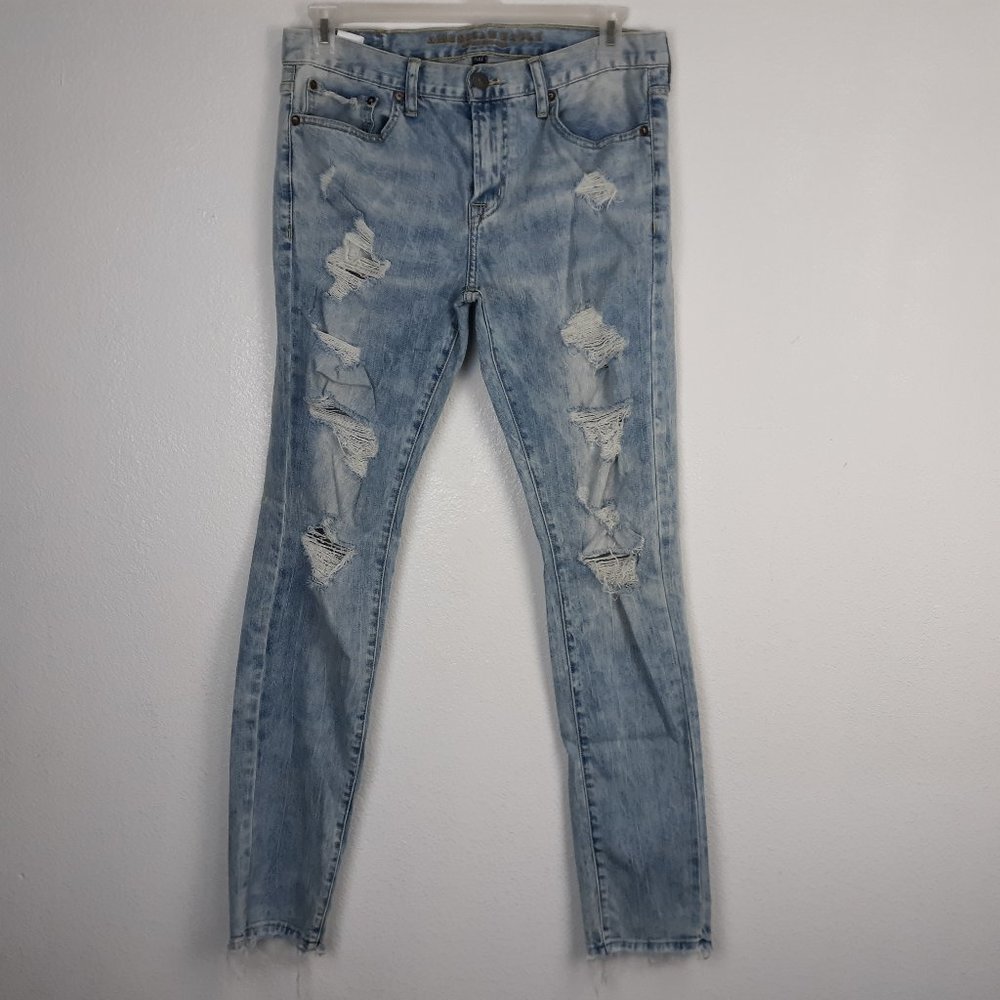 American Eagle Men's Flex Skinny Jeans Size 32x34 Distressed Light Wash Raw Hem